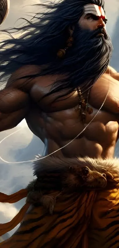 A majestic warrior with long hair and a tiger skin loincloth.