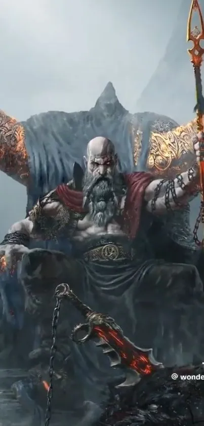 Epic warrior seated on a detailed throne.