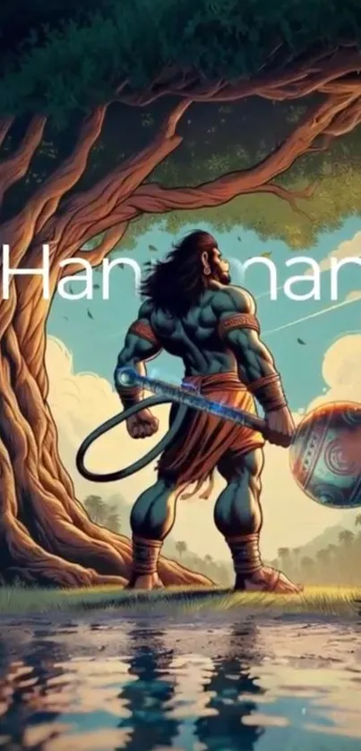 Epic artwork of warrior under a giant tree.