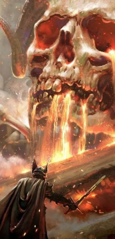 Epic warrior faces a fiery skull in vibrant wallpaper.