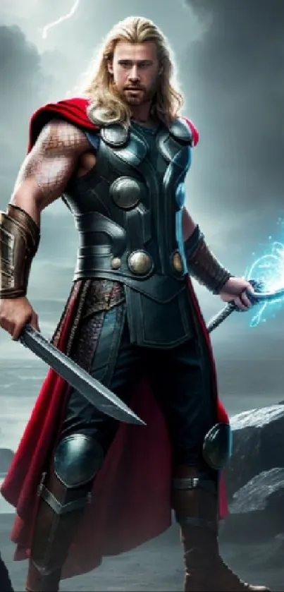 Epic warrior with glowing axe in stormy setting mobile wallpaper.