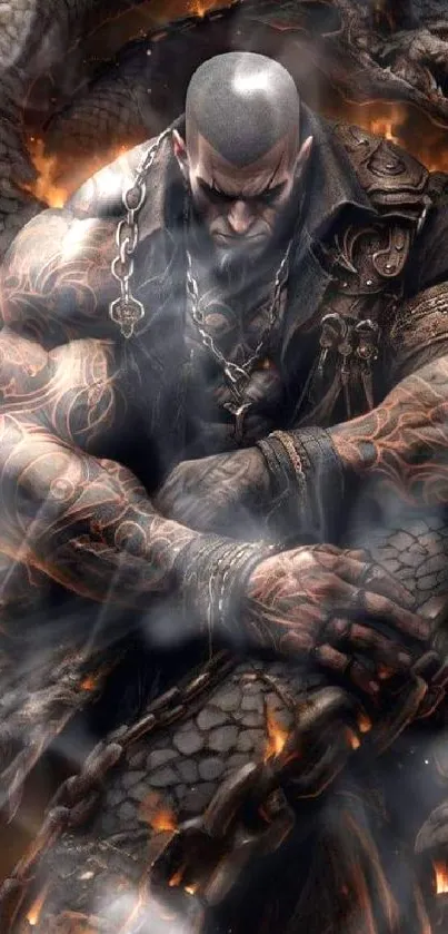 Warrior with dragon in chains amid fiery smoke scene.