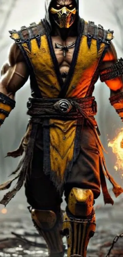 Fierce warrior with fiery aura in fantasy armor.