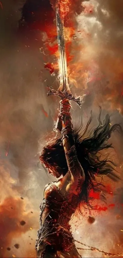 Epic warrior raises flaming sword in dramatic scene.