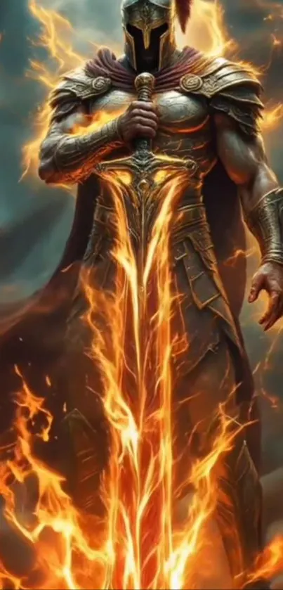 Mighty warrior with fiery sword in epic stance.