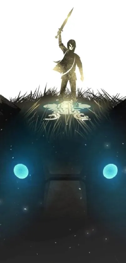 Warrior standing on a bear with glowing blue eyes in the dark.