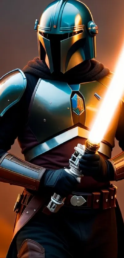 Epic warrior with glowing sword mobile wallpaper.