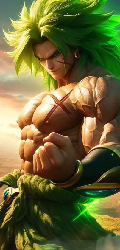 Anime warrior with glowing green aura against a vibrant sky.