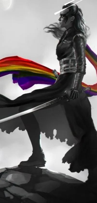 A warrior stands with a rainbow scarf against a grayscale backdrop.