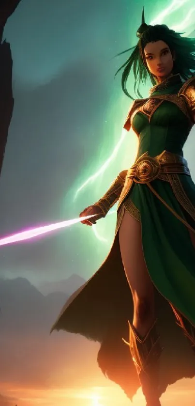 Epic warrior with glowing sword in cosmic setting.