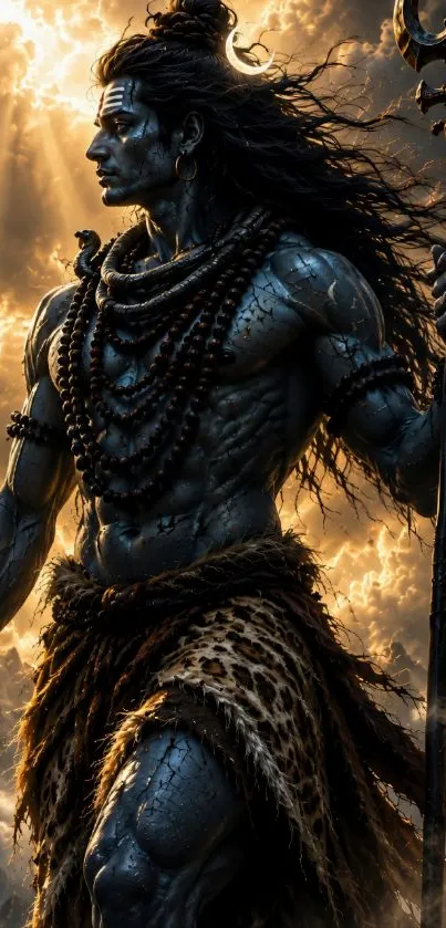 Epic warrior with trident in dramatic clouds, mythical scene.