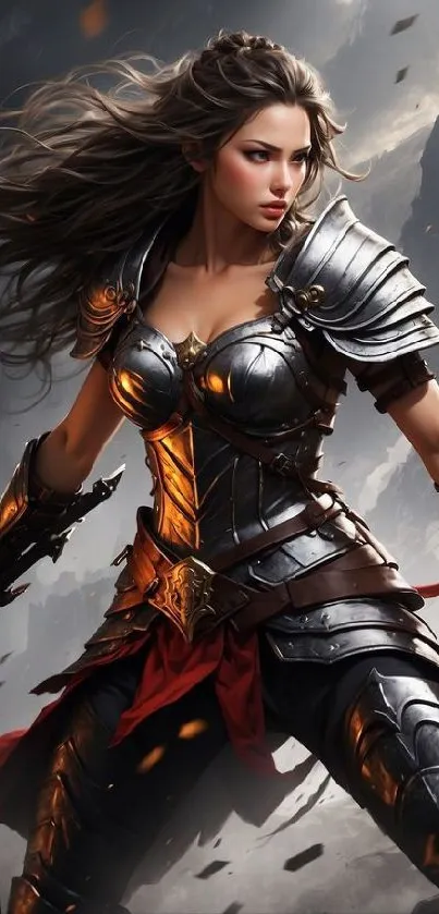 Epic warrior woman in detailed armor with flowing hair in a fantasy setting.