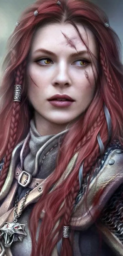 Fantasy warrior woman with red hair in detailed armor mobile wallpaper.