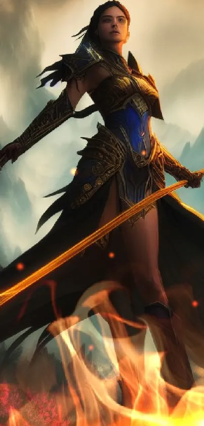 Epic fantasy warrior woman with a glowing sword in a mystical landscape.