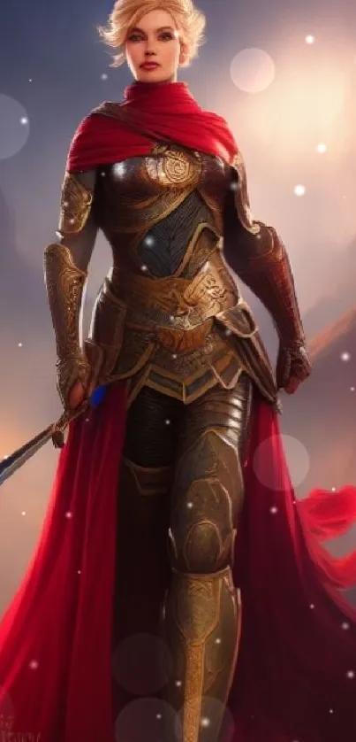 Female warrior in armor with red cape.