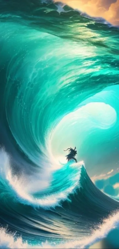 Dynamic mobile wallpaper with epic ocean wave scene in vibrant turquoise hues.