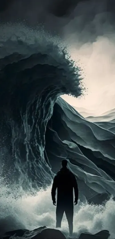 Silhouette against massive wave wallpaper.