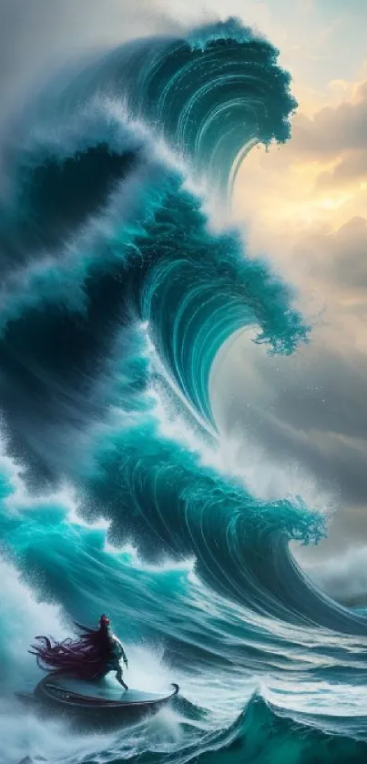 Lone surfer rides a massive teal wave in dramatic ocean scene.