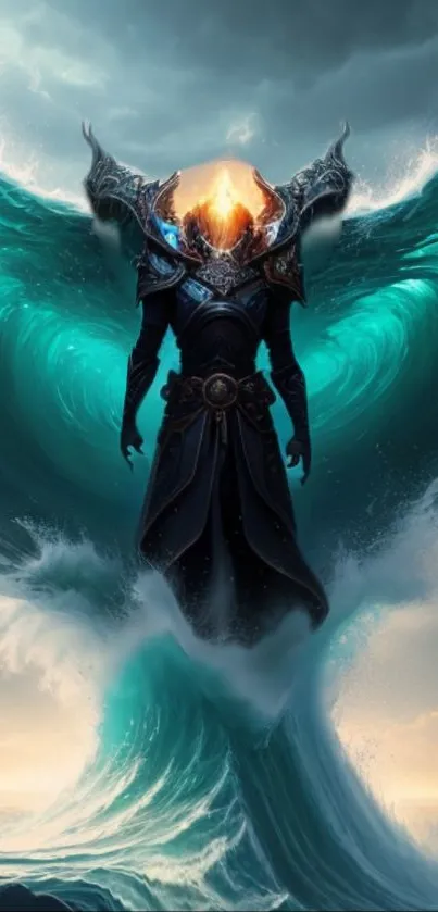 Fantasy warrior with teal waves background on mobile wallpaper.