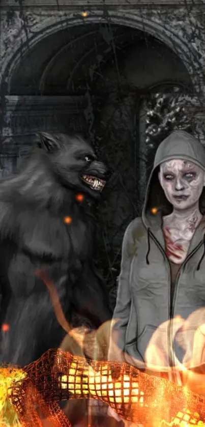 Werewolf and mysterious figure in a fiery dark setting.