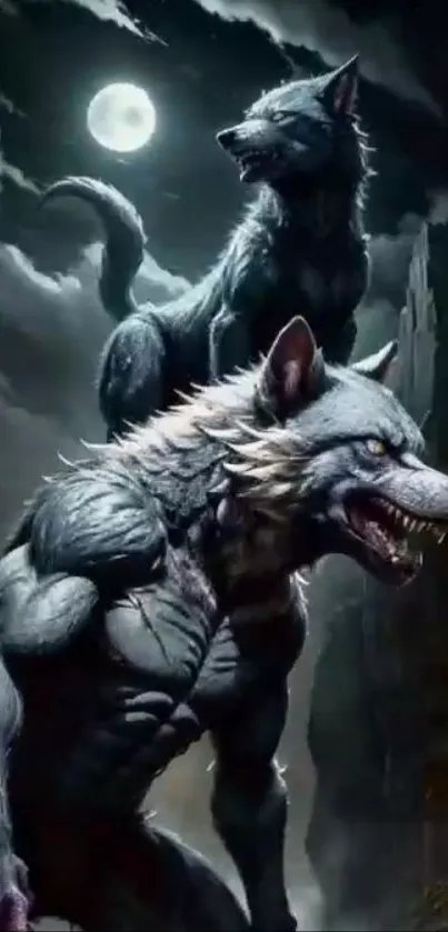 Dynamic werewolves under a full moon in a fantasy setting.