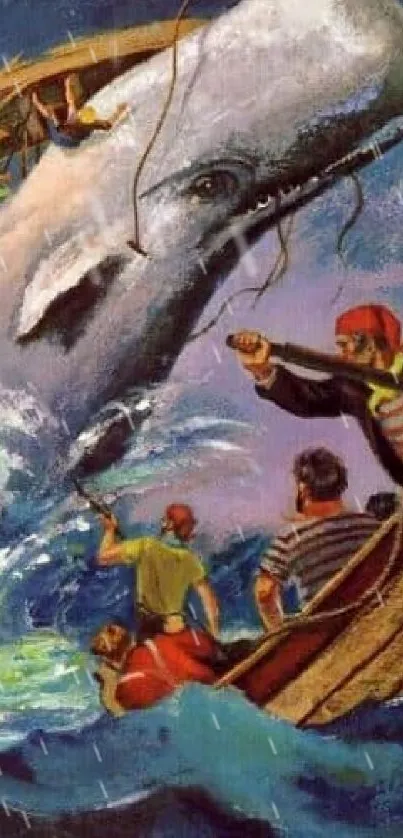 Epic sea adventure capturing a dramatic whale battle scene.