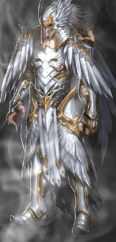 Warrior in elaborate white and gold armor on a dark background.