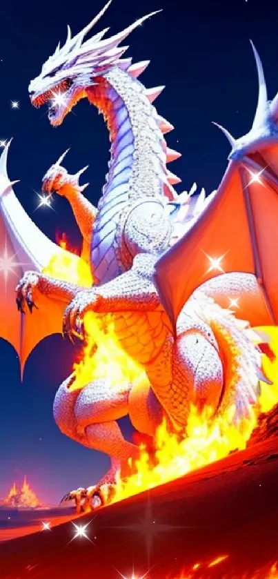 Majestic white dragon with fiery wings in a fantasy setting.