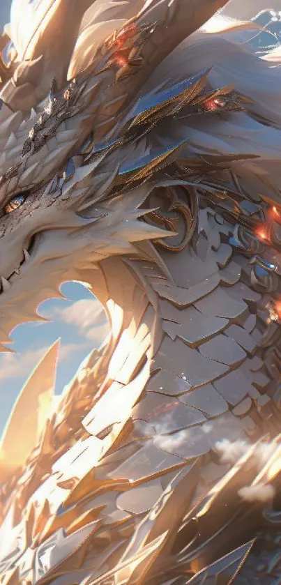 Majestic white dragon illuminated by sunlight in a fantasy scene wallpaper.