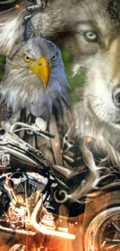 Majestic eagle, fierce wolf, and motorcycle with dynamic art style.