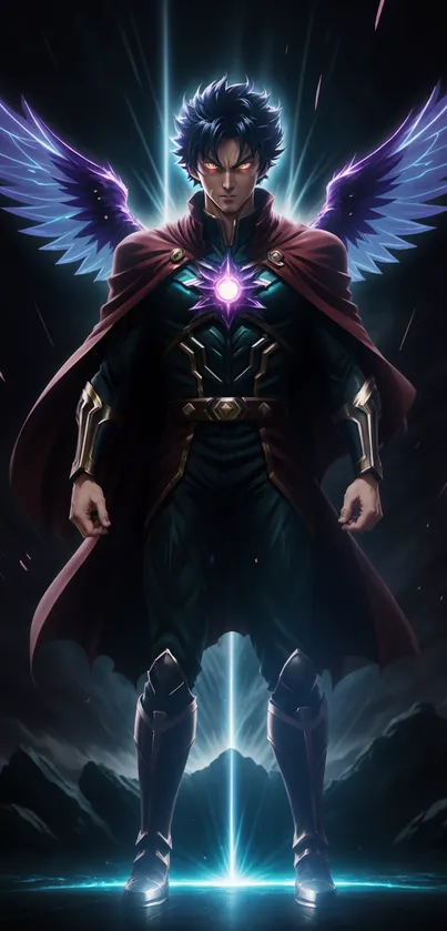 Winged hero in dark armor with glowing wings and cosmic background.