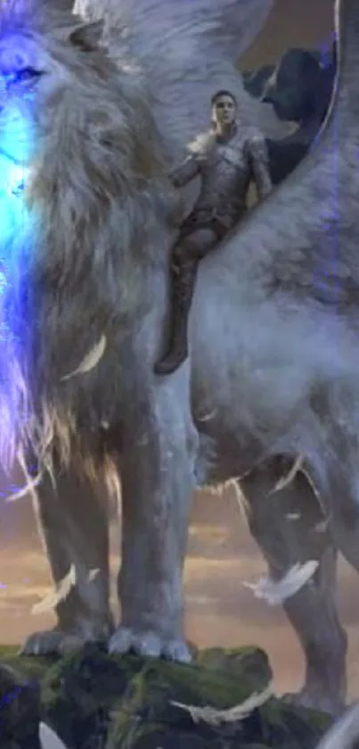 Fantasy art of a majestic winged lion with an epic backdrop.