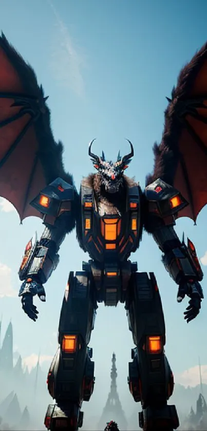 Epic winged mech with dragon-like wings set against the sky.