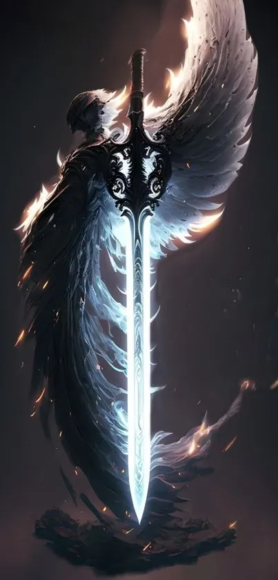 Fantasy sword with winged design in dramatic digital artwork.