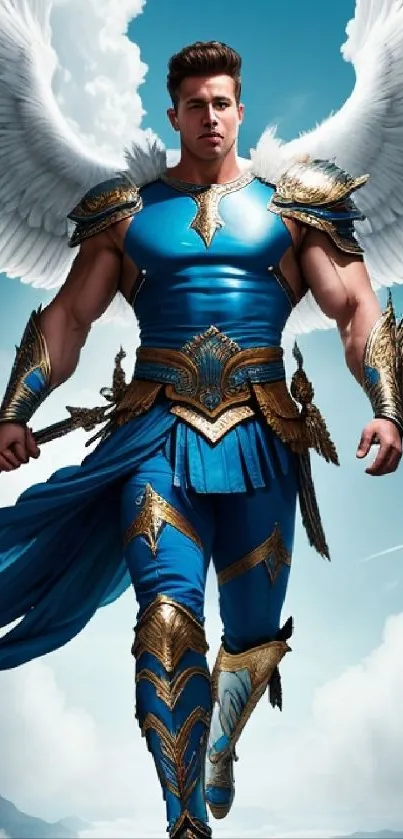 Fantasy warrior in blue armor with wings against a cloudy sky.