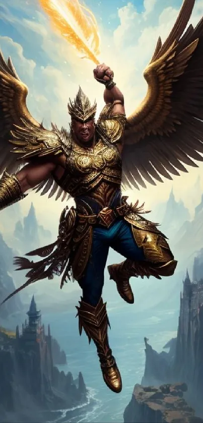 Winged warrior in golden armor soaring over cliffside castle.