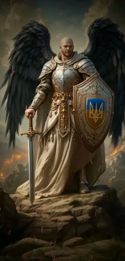 Epic warrior angel with wings and shield on rugged terrain.