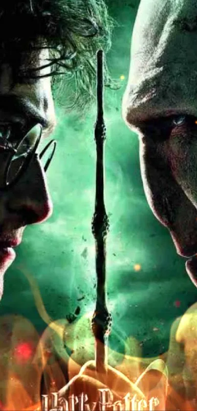 Two wizards face off in a magical duel, set against a dark green backdrop.