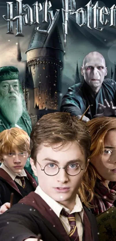 Harry Potter wallpaper with Hogwarts and iconic characters.