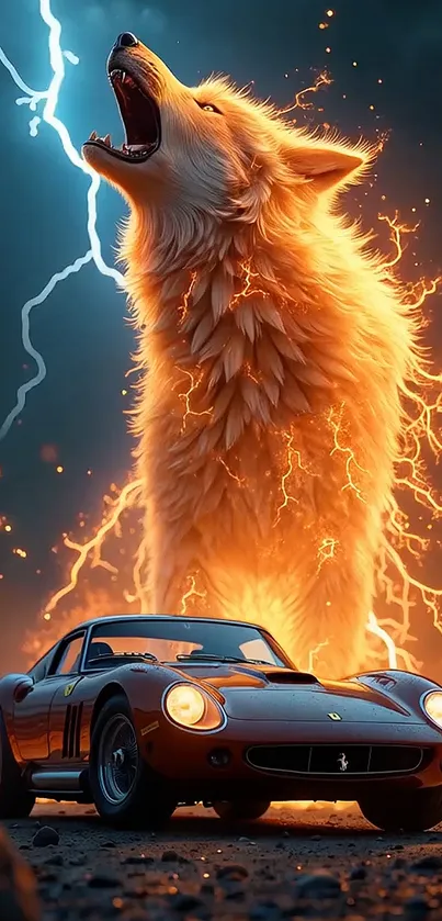 A powerful wolf with lightning energy behind a classic racing car.