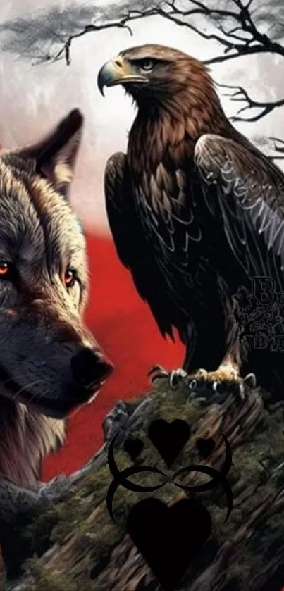 Wolf and eagle under a red moon wallpaper.