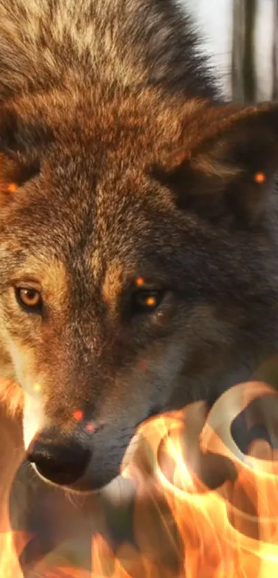 Epic wolf staring through fire in mobile wallpaper.