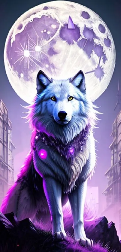 A majestic wolf under a bright full moon with purple urban surroundings.