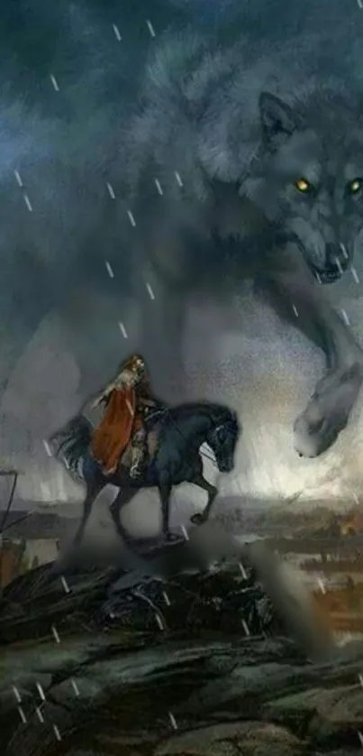 Epic fantasy scene with giant wolf and rider in rain.