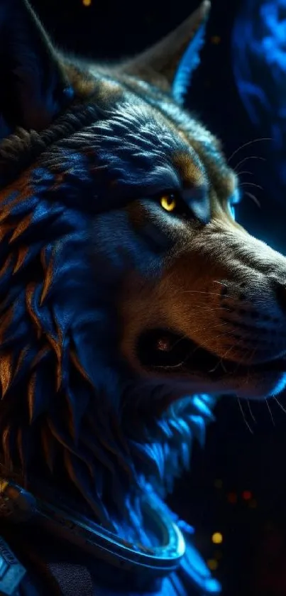 Epic space-themed wolf with a blue cosmic background.