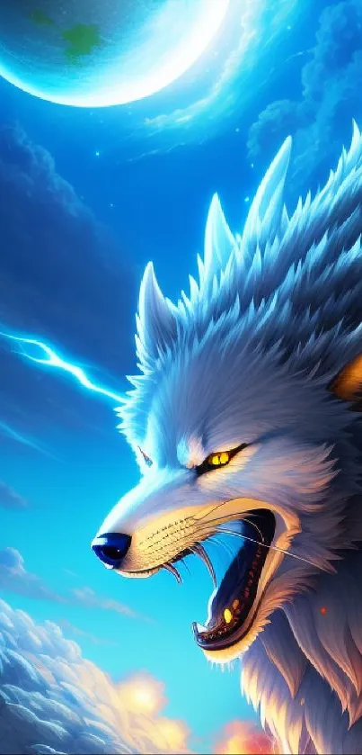 Epic wolf with luminous moon and celestial sky