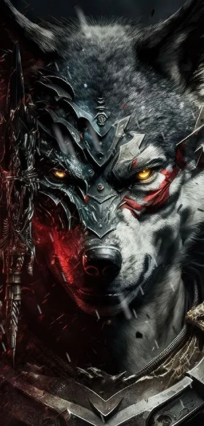 Epic warrior wolf with armor on a dark background wallpaper.