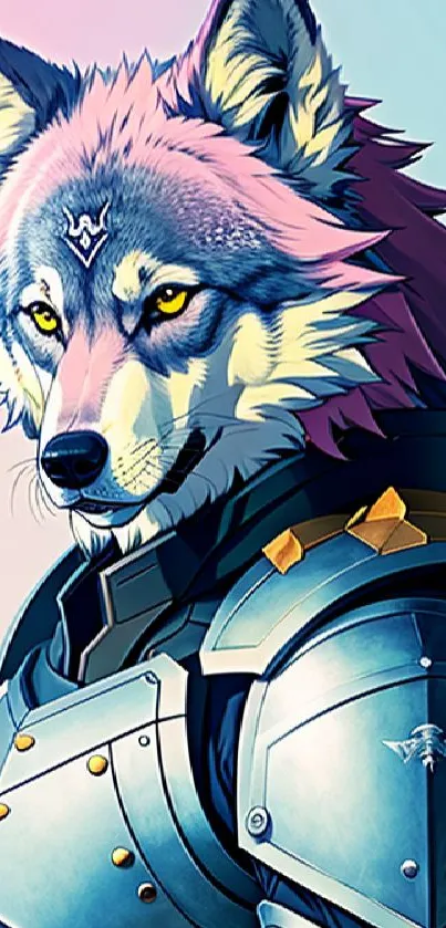 Vibrant wolf warrior in detailed armor, set against a pastel background.