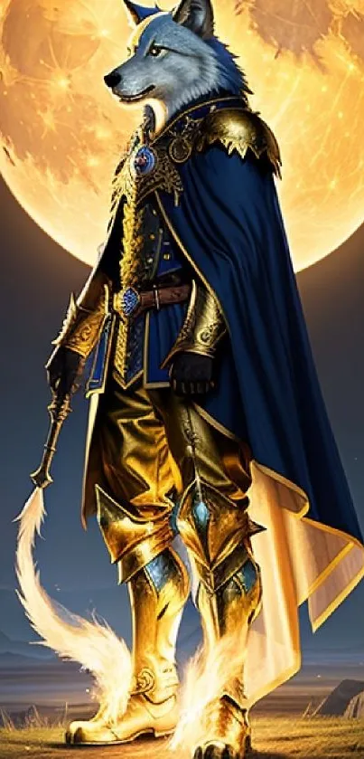 Wolf warrior in golden armor under a glowing full moon.