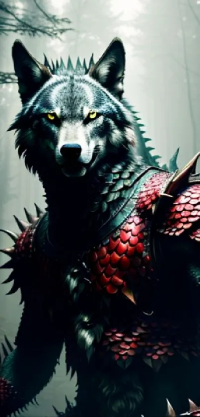 An epic wolf warrior with scales in a misty forest setting.